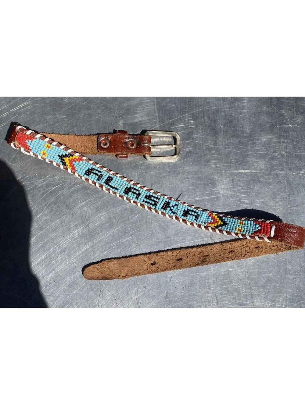 Vtg 50s Native American Hand Beaded Alaska Road-trip Souvenir Leather Belt Kids